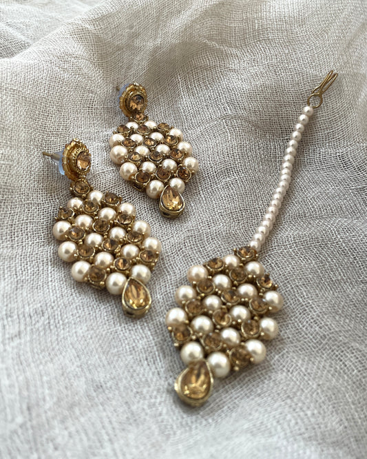 Goudkleurige maang tikka set met bronskleurige stenen